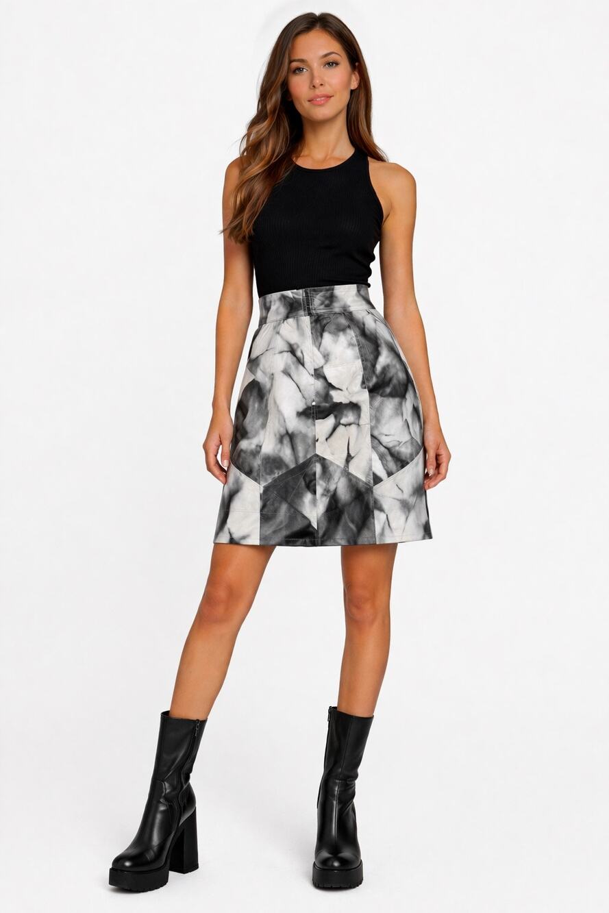 1980s Black White Leather Patchwork A-Line Skirt Medium